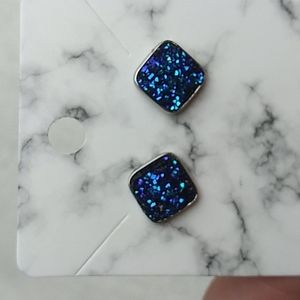Stainless Steel Druzy Stud Earrings Square Shape Blue (15)